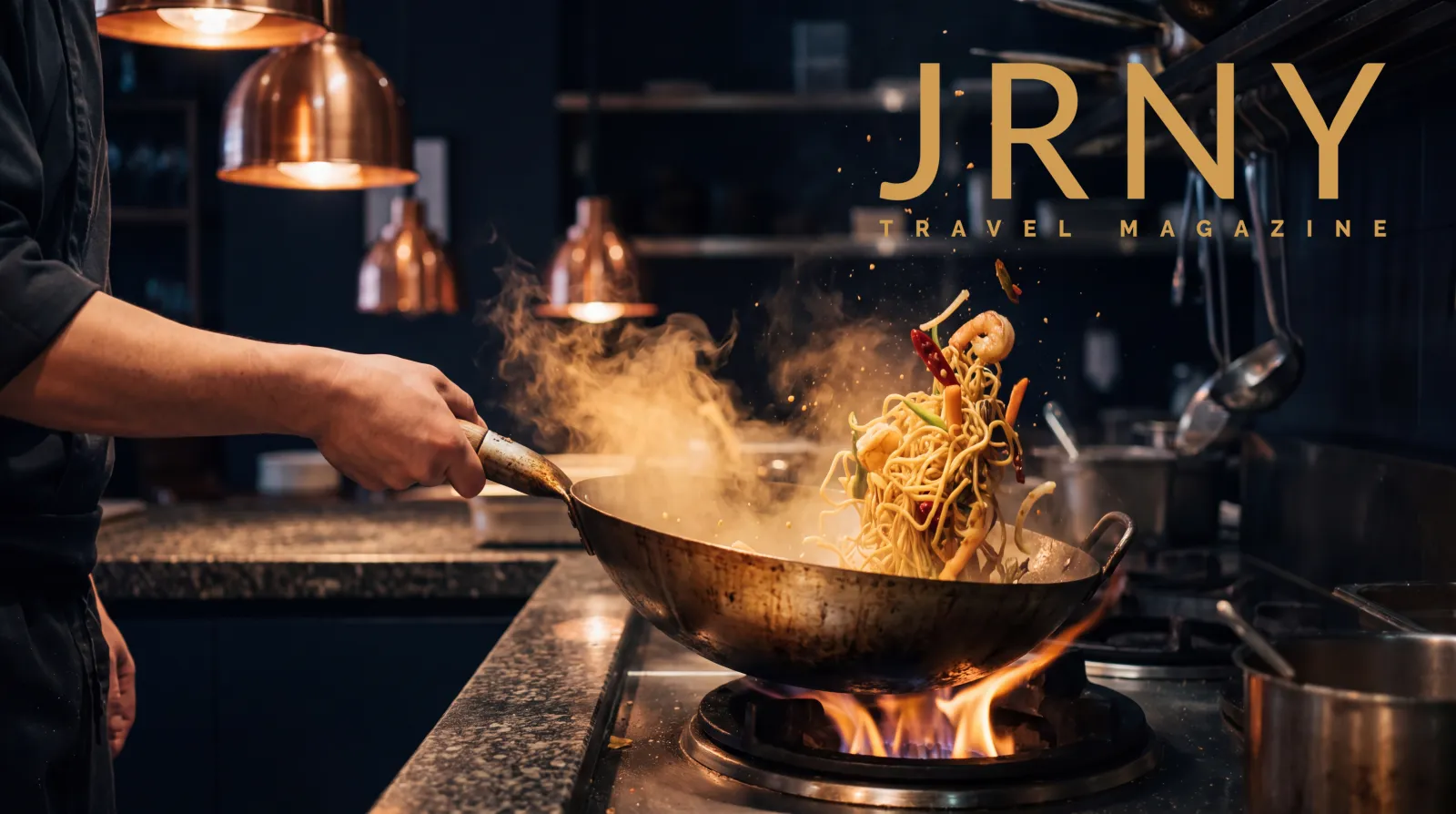 A chef tossing a flaming wok in a restaurant kitchen, framed as a JRNY travel magazine feature