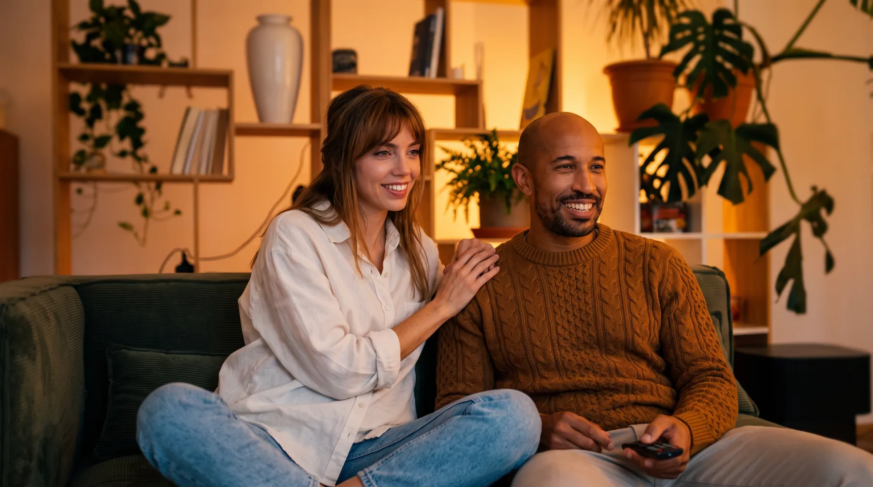 A couple at home watching travel content on television, the moment interest in a journey begins