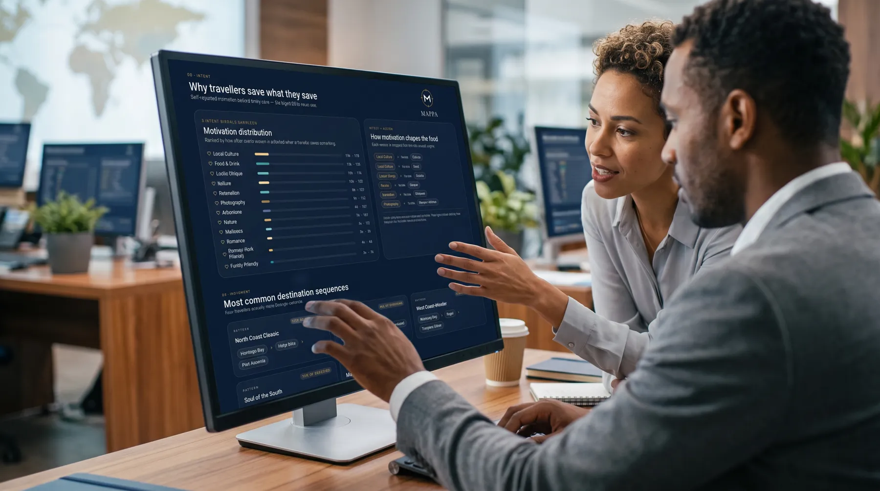 Two analysts working through MAPPA traveller motivation and destination sequence intelligence on a large display