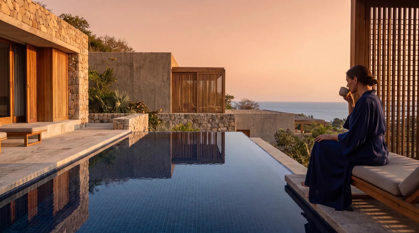 A resort pool at dusk